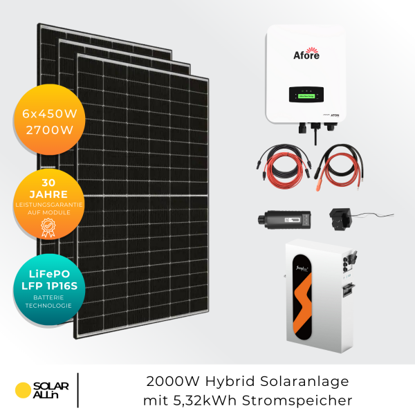 Balkonkraftwerk mit Speicher 5kWh | 6x JA Solar Bifazial Module 2700Wp | Afore Hybrid Wechselrichter 2000W | App & WiFi