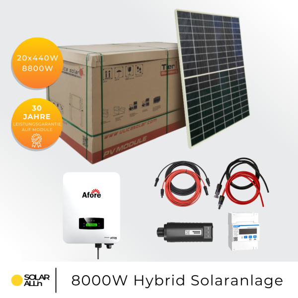 8800Wp/8kW Hybrid PV-Anlage | 20x Ulica Solar Module Bifazial 440Wp | Afore Hybrid Wechselrichter 3-Phasig HV | App & WiFi