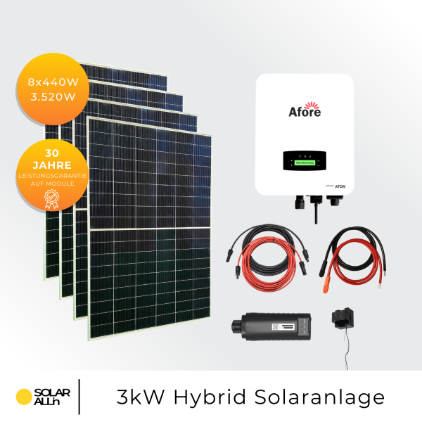 3520Wp/3kW Hybrid PV-Anlage | 8x Ulica Solar Module Bifazial 440Wp | Afore Hybrid Wechselrichter 1-Phasig LV | App & WiFi