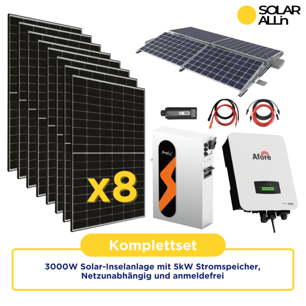 3000W Solar-Inselanlage mit 5kW Stromspeicher, Autarkes Komplettset, Netzunabhängig und anmeldefrei