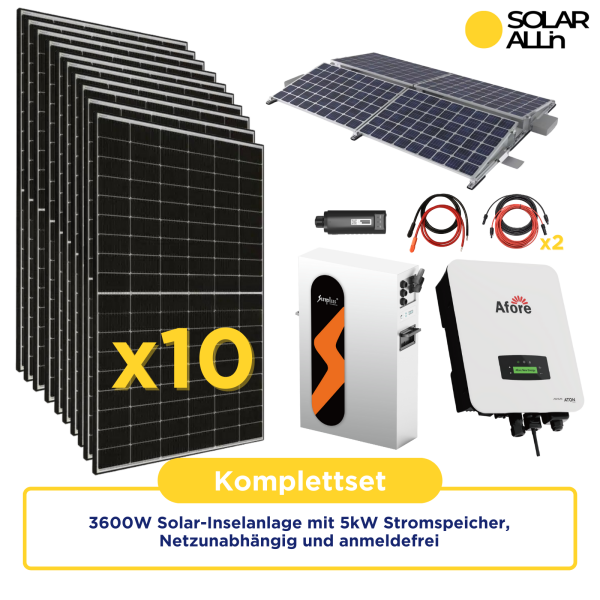 3600W Solar-Inselanlage mit 5kW Stromspeicher, Autarkes Komplettset, Netzunabhängig und anmeldefrei