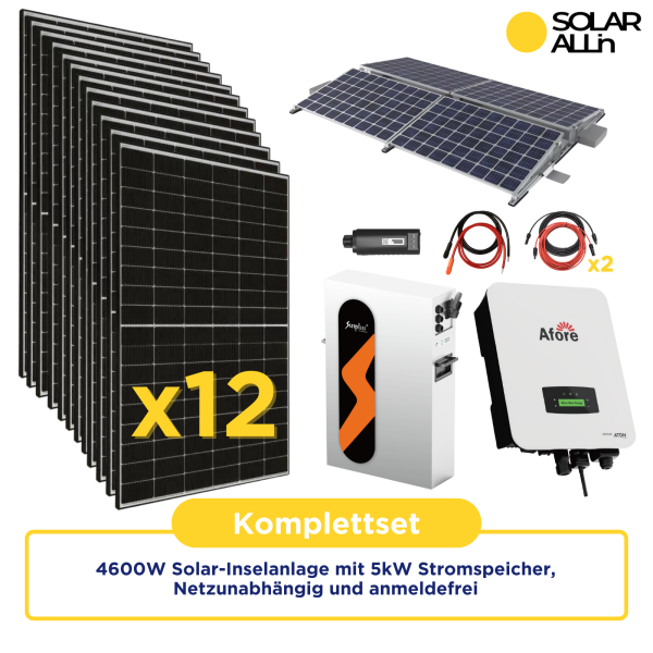 4600W Solar-Inselanlage mit 5kW Stromspeicher, Autarkes Komplettset, Netzunabhängig und anmeldefrei