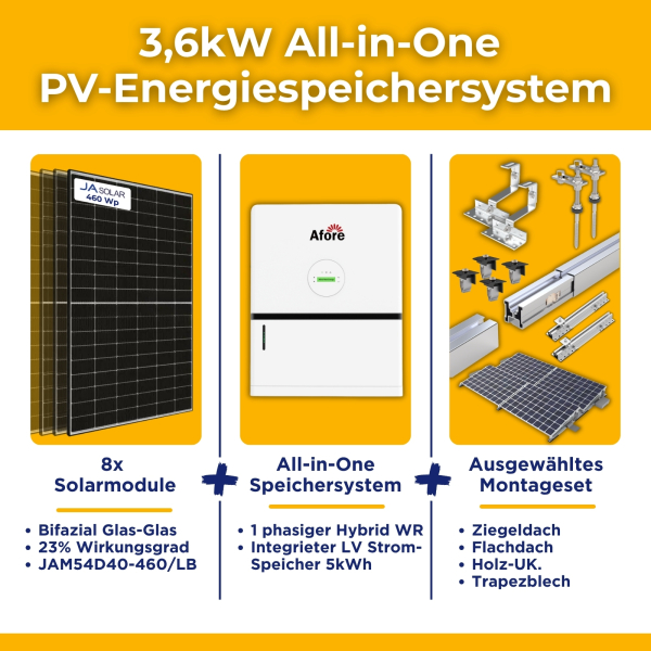 3.6kW Afore All in One PV-Anlage autarkes Komplettset | 5kWh Energiespeichersystem | Montagesets und Zubehör