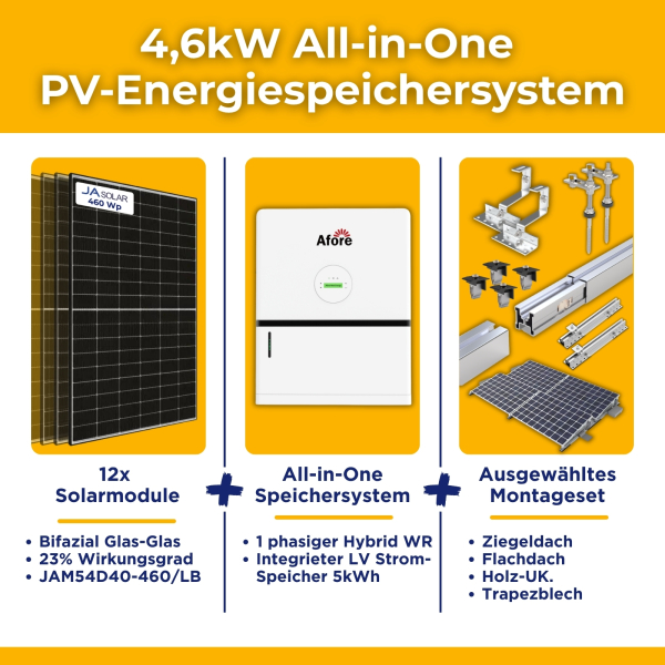 4.6kW Afore All in One PV-Anlage autarkes Komplettset | 5kWh Energiespeichersystem | Montagesets und Zubehör