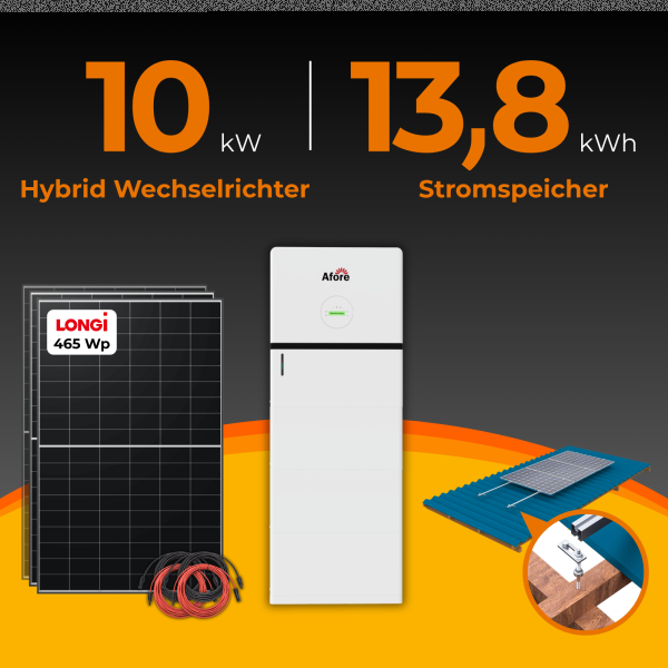 SolarTower 10 - 10 kW Photovoltaikanlage mit 13,8 kWh Stromspeicher | All-in-One PV-Komplettsystem | 24× LONGi BC-Module (465 Wp) | inkl. Stockschrauben Montagesystem für Holzuntergründe
