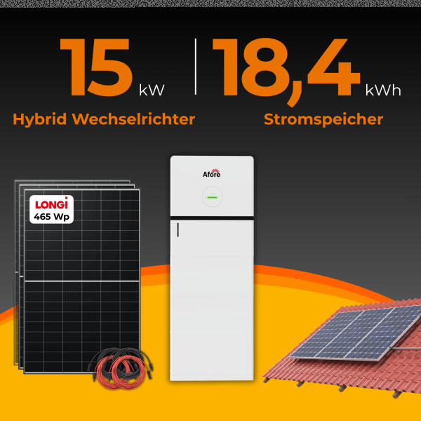 SolarTower 15 - 15 kW Photovoltaikanlage mit 18,4 kWh Stromspeicher | All-in-One PV-Komplettsystem | 36× LONGi BC-Module (465 Wp) | inkl. Montagesystem für Ziegeldach / Schrägdach